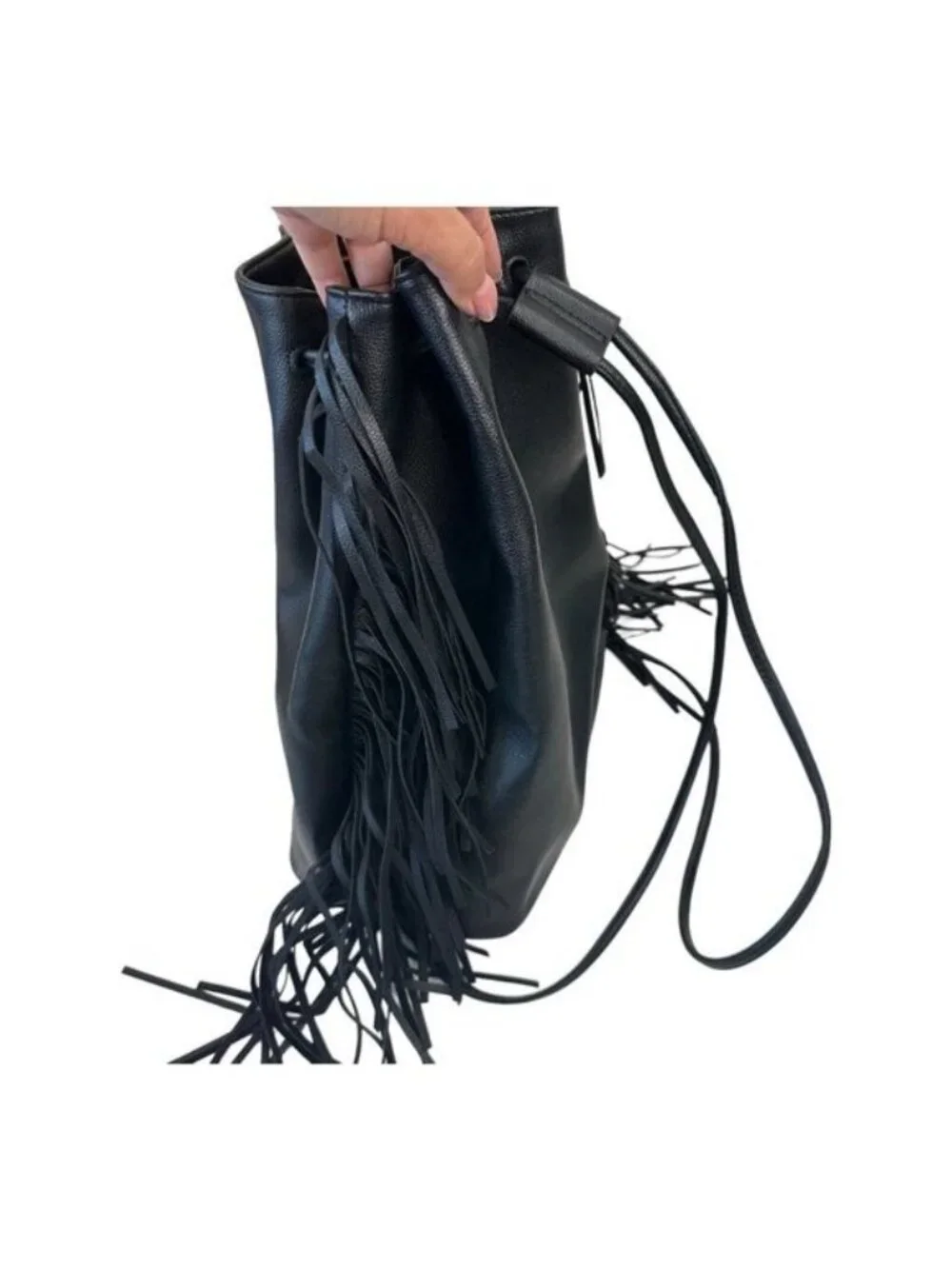 Victoria's Secret Backpack Solid Black Faux Suede Fringed Drawstring Bag Purse